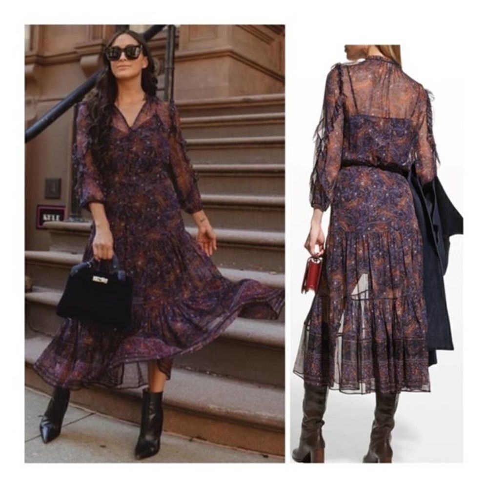 Veronica Beard Navy and Purple Floral Pleated Maxi Dress